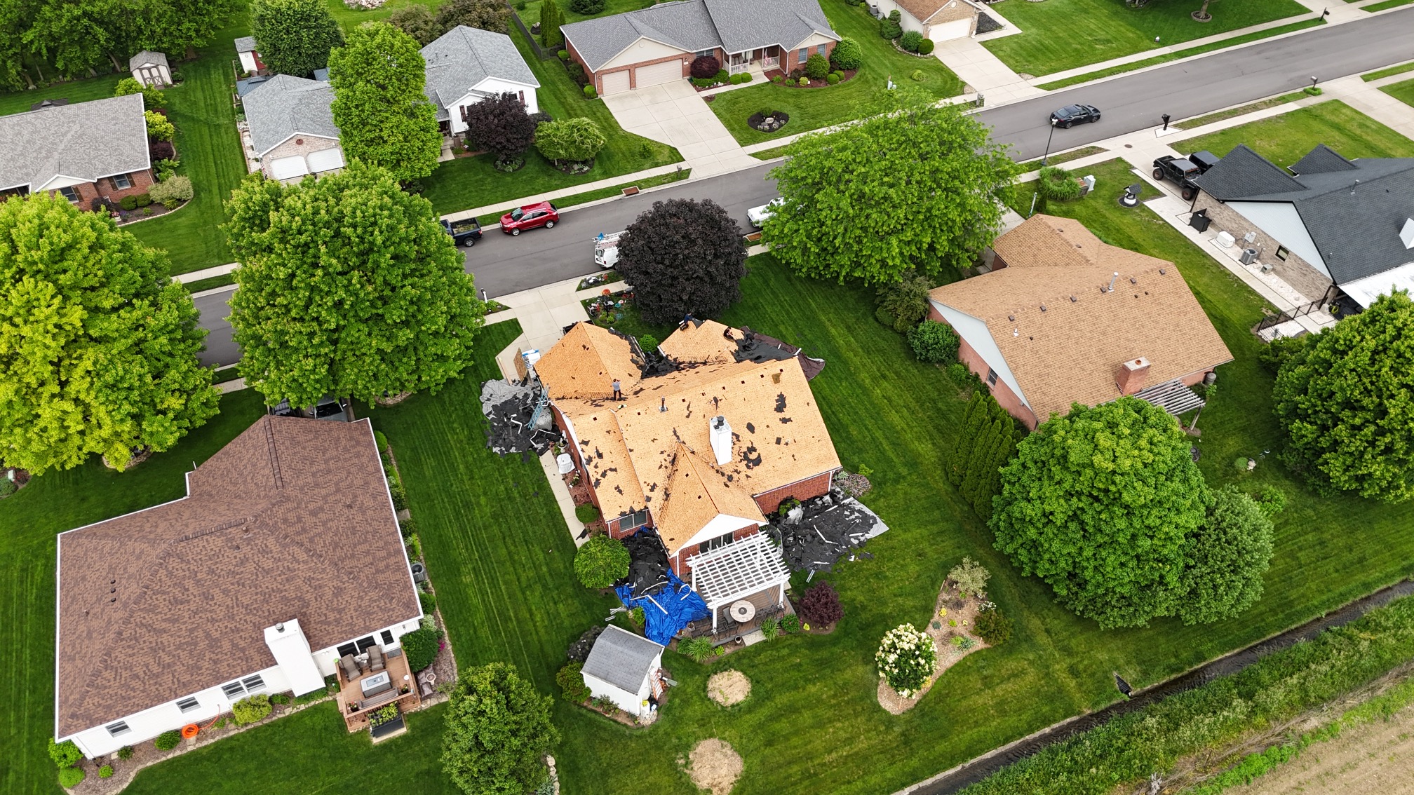 Aerial view of roof replacement in Dayton Ohio neighborhood