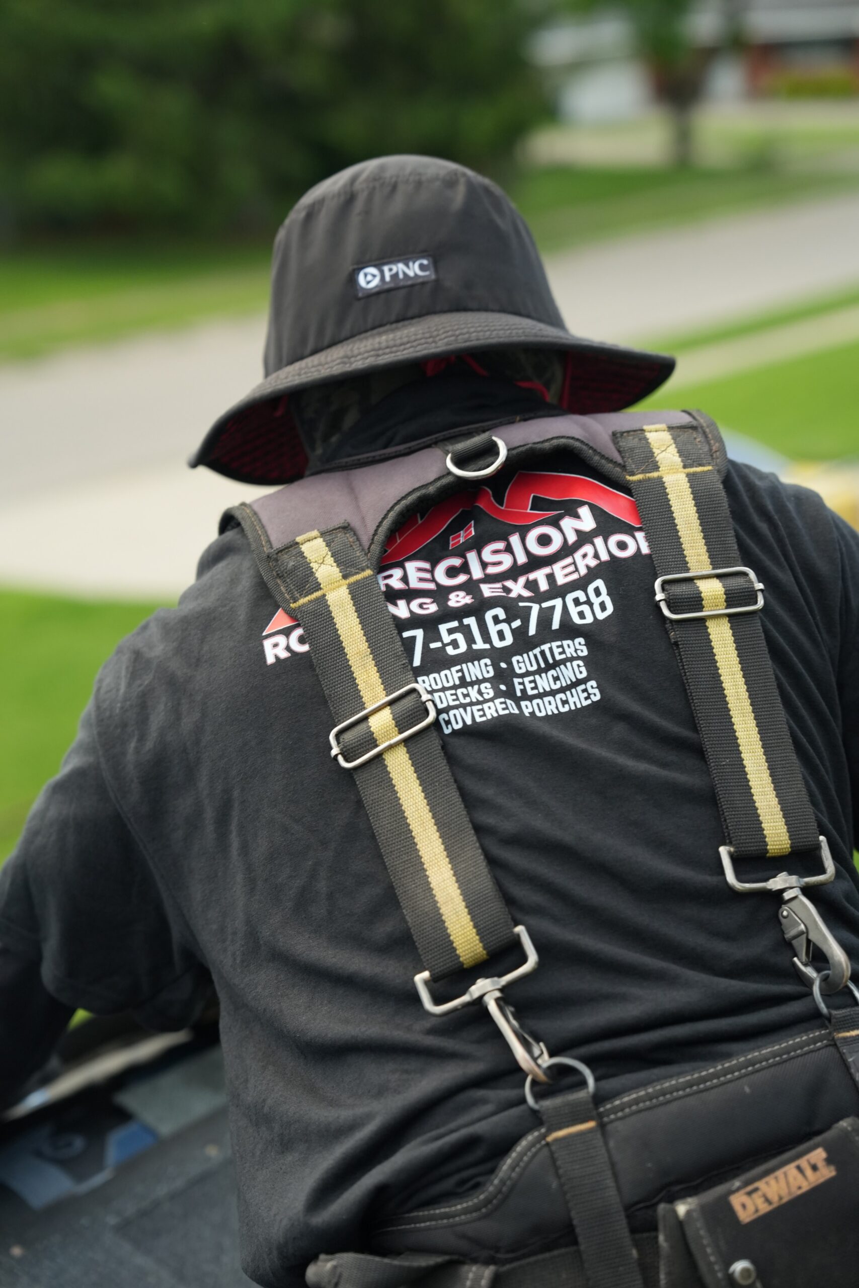 937 Precision branded crew shirt showing roofing gutters decks and fencing services